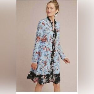 Maeve Anthropologie Lester Floral Long Sleeve Lace Up Back Shirtdress Blue Black